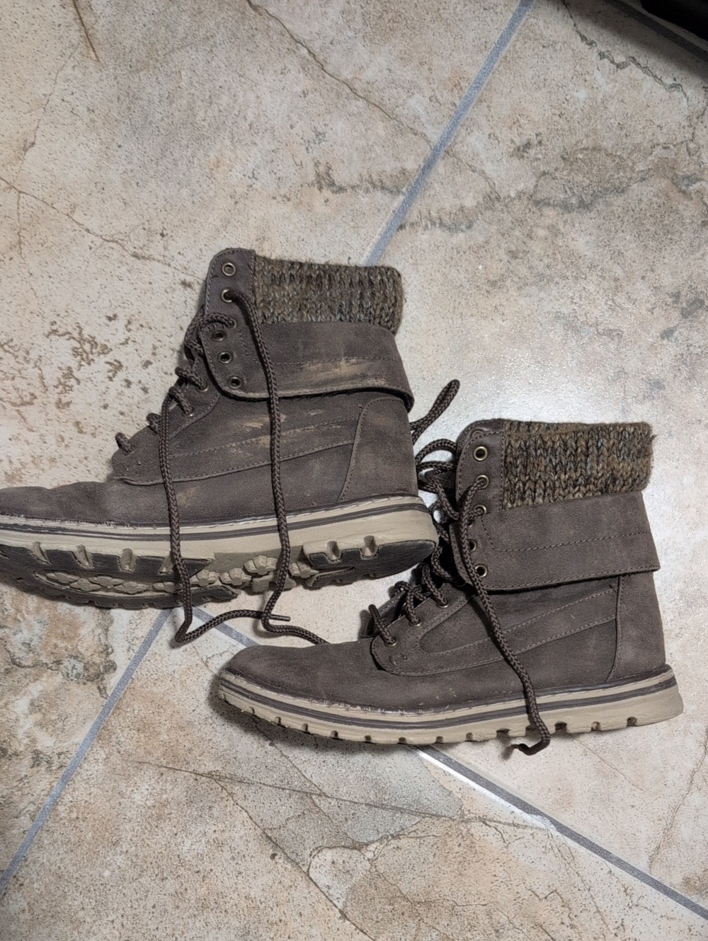 Women's Lace-Up Ankle Boots with Knit Cuff — Brown